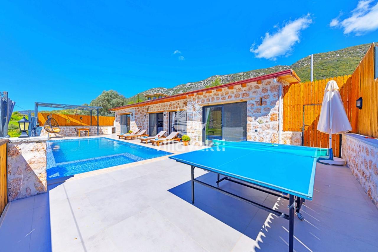 Havuz terasında bulunan mavi masa tenisi masası, şezlonglar ve taş duvarlı villa.