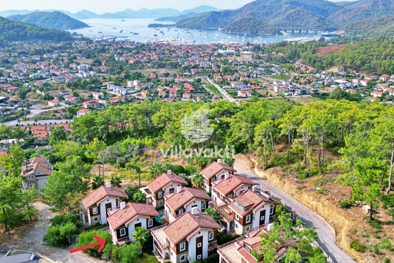 Yeşil ağaçlar arasındaki villaların havadan ve deniz manzaralı genel görünümü.
