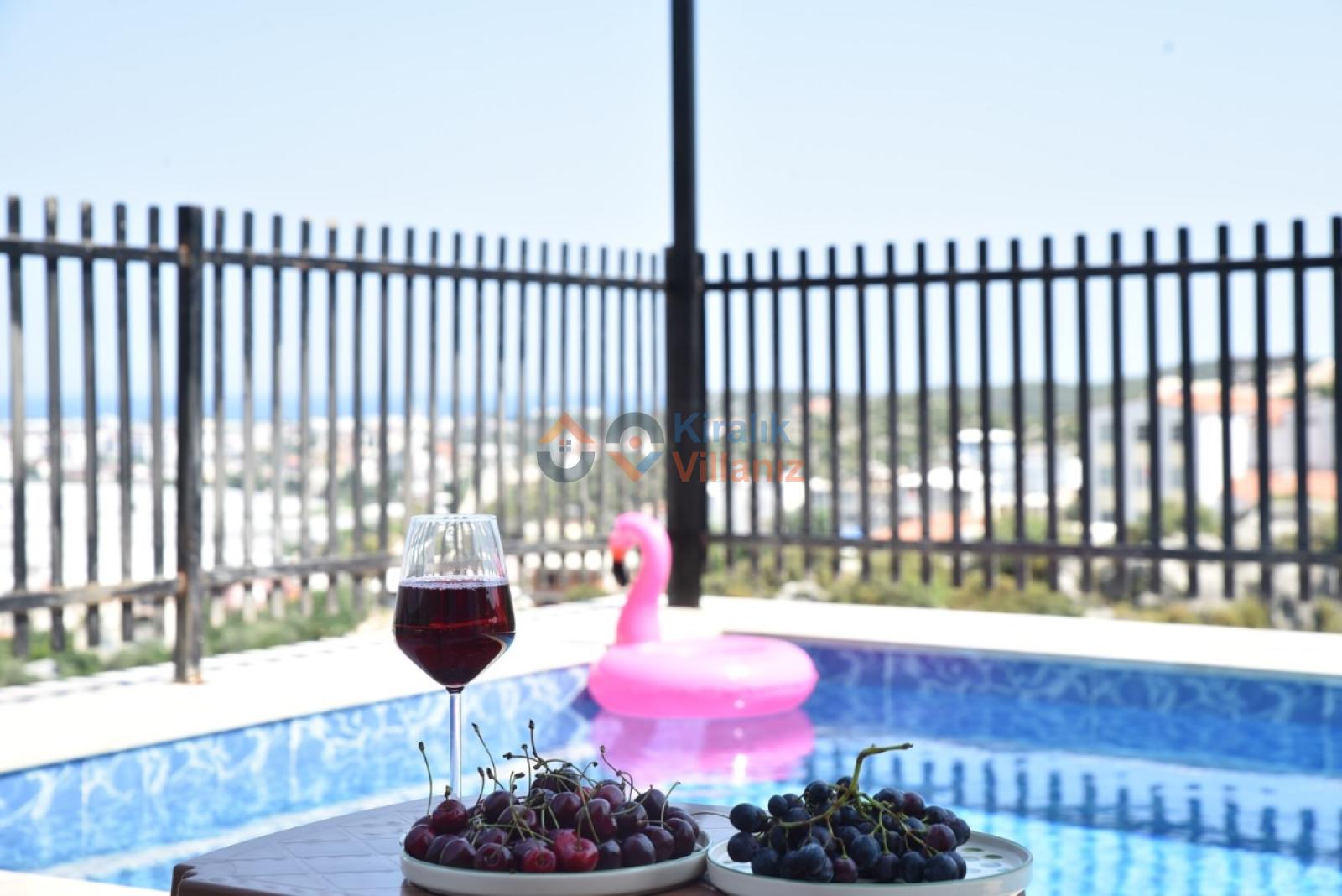Balkonda şarap bardağı, kirazlar, üzüm ve pembe flamingo simitli havuz manzarası.
