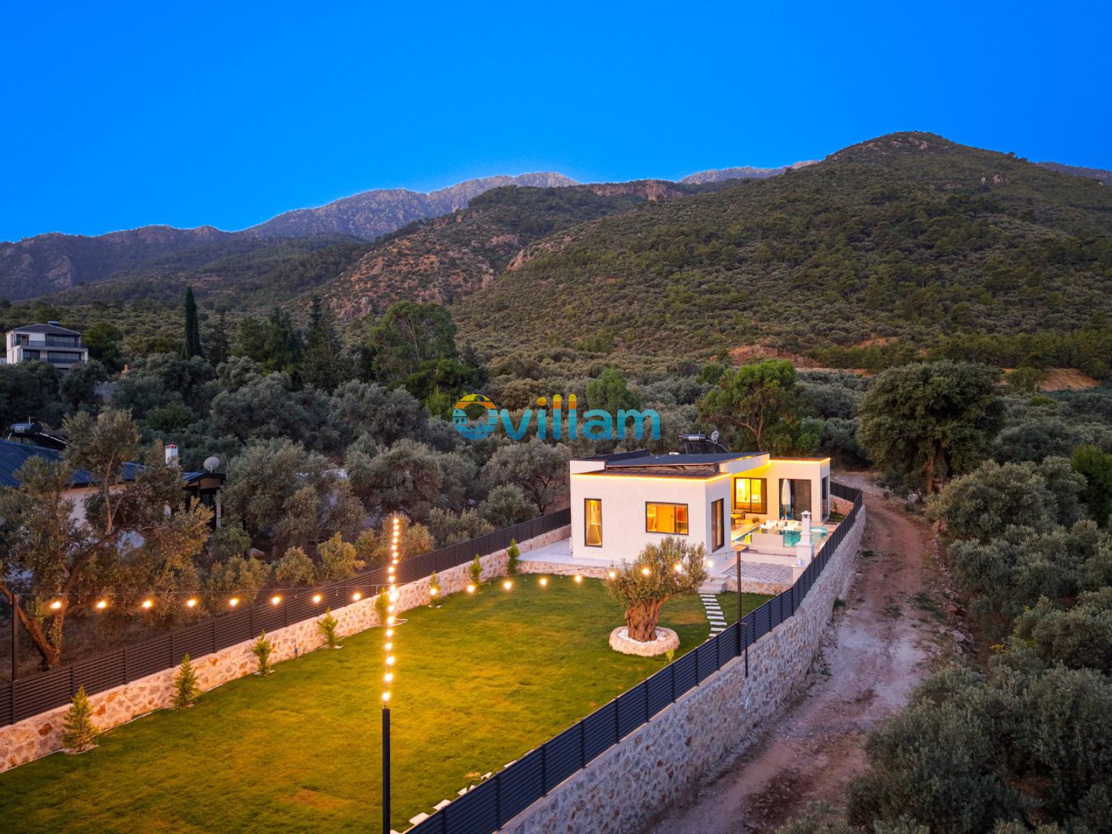 Dağ ve yeşil alan manzaralı, aydınlatmalı bahçeye sahip tek katlı müstakil villa.